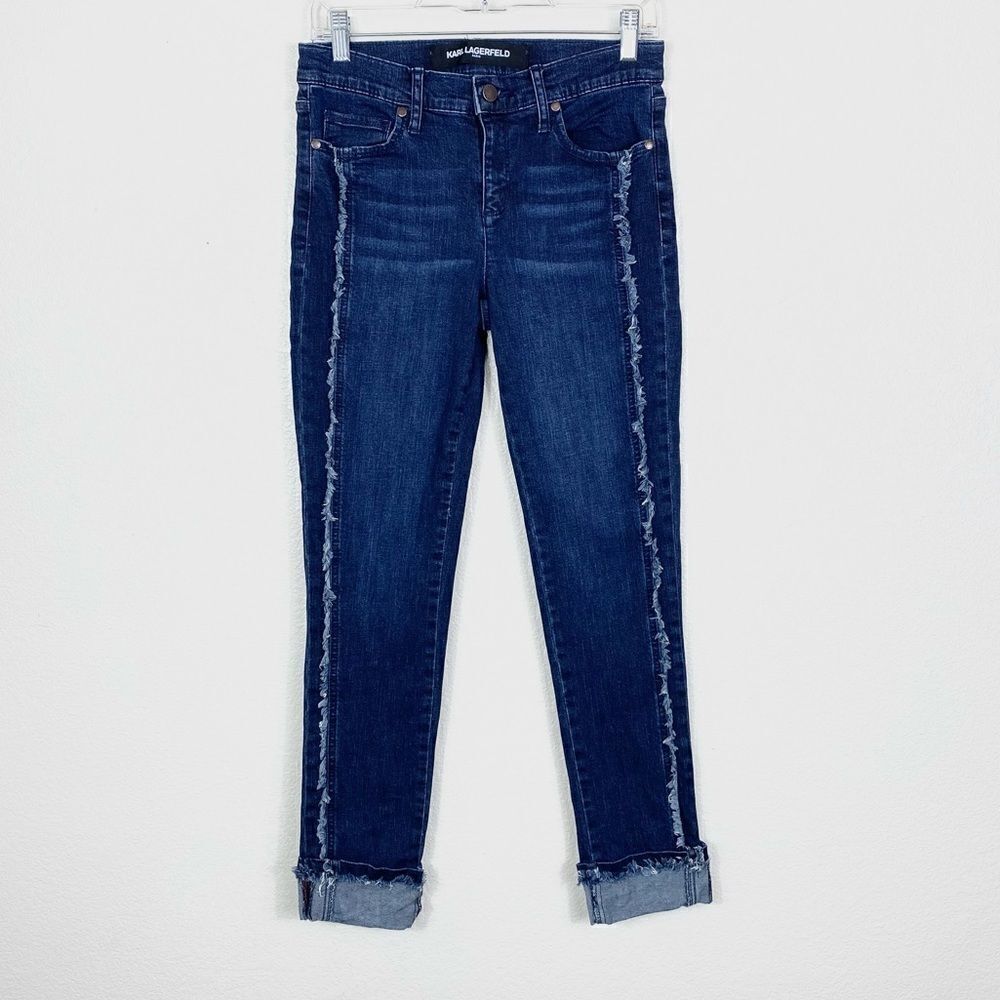 Karl Lagerfeld Dark Wash Mid Rise Raw Edge Cropped Cuffed Skinny Jeans - Picture 2 of 8